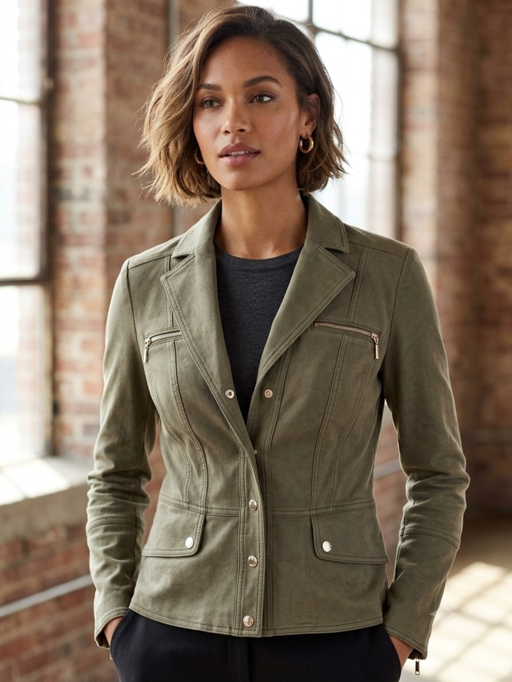 White House Black Market Olive Women's Tailored Suede Jacket